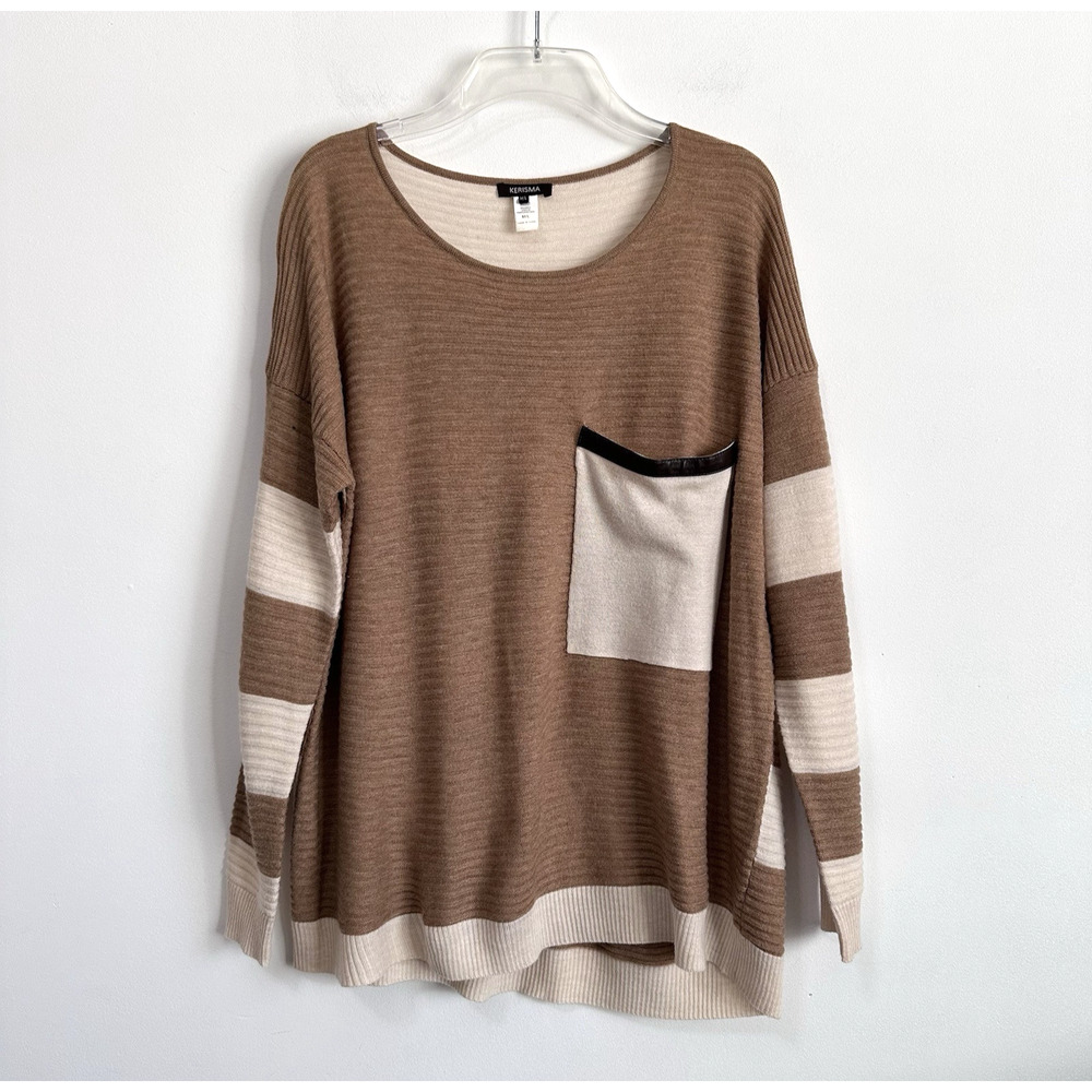 Kerisma Sweater M/L‎ Wool Blend Pocket Faux Leather Trim Long Sleeve Minimal Top